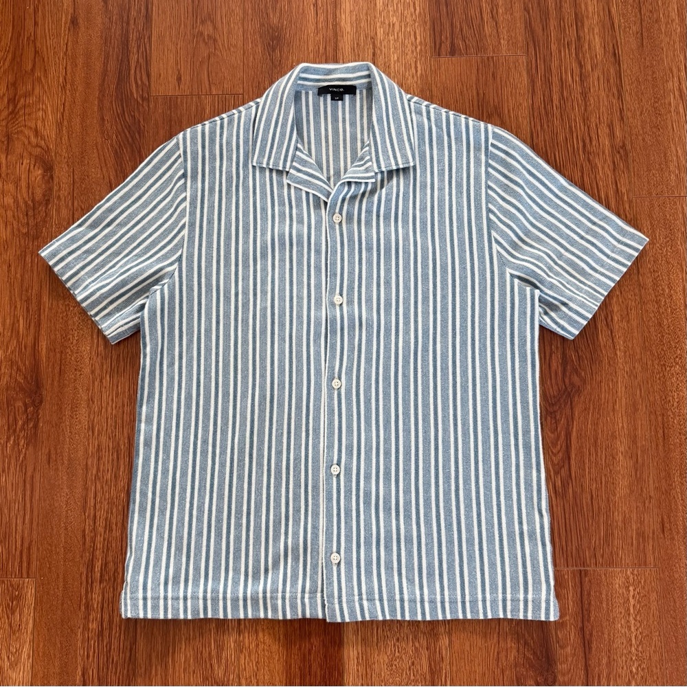 Vince Cabana Stripe Short-Sleeve Button Up Shirt Mens Small Blue White Striped